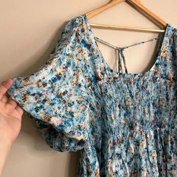 By Anthropologie Blue Floral Short-Sleeve Smocked Babydoll Midi Dress Size 3X - Picture 5 of 10